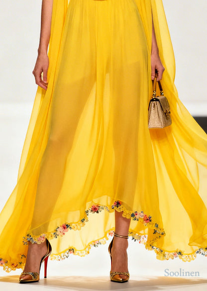 Style Yellow Turtle Neck Exra Large Hem Flower Chiffon Dresses Sleeveless