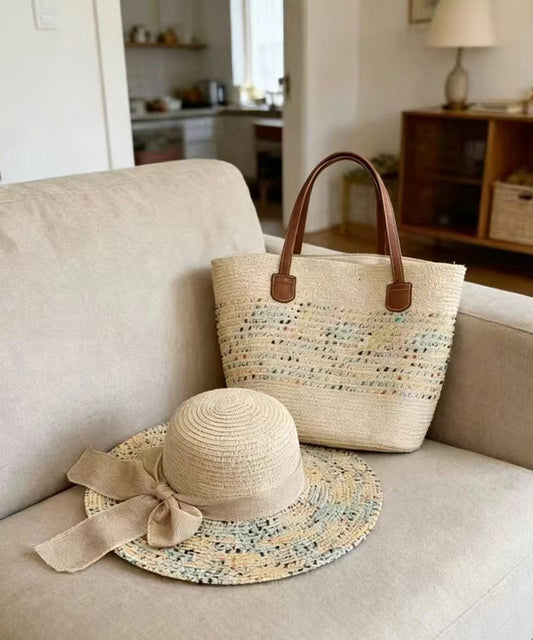 Stylish Apricot Tie Dye Solid Durable Straw Woven Floppy Sun Hat And Shoulder Handbag Two Pieces Set
