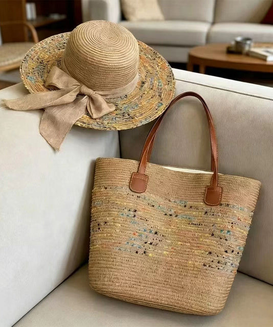 Stylish Apricot Tie Dye Solid Durable Straw Woven Floppy Sun Hat And Shoulder Handbag Two Pieces Set