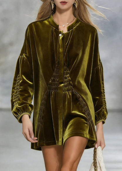 Stylish Army Green Oversized Wrinkled Silk Velour Shirt Spring