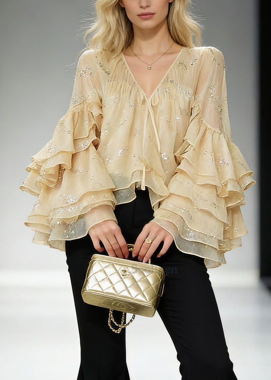 Stylish Beige Sequins Ruffles Silk Blouses Butterfly Sleeve