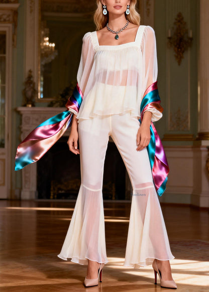 Stylish Beige Square Collar Silk Patchwork Two Pieces Set Spring
