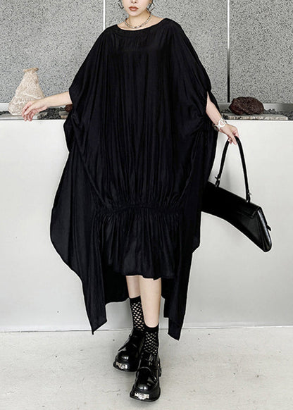 Stylish Black Asymmetrical Patchwork Cotton Dress Batwing Sleeve