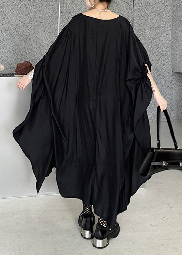 Stylish Black Asymmetrical Patchwork Cotton Dress Batwing Sleeve