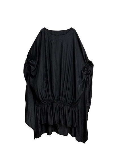 Stylish Black Asymmetrical Patchwork Cotton Dress Batwing Sleeve