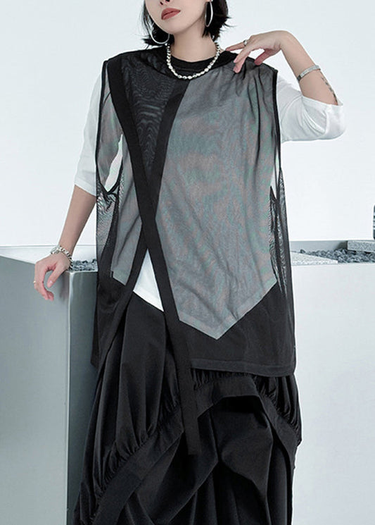 Stylish Black Asymmetrical Patchwork Loose Tulle Top Summer