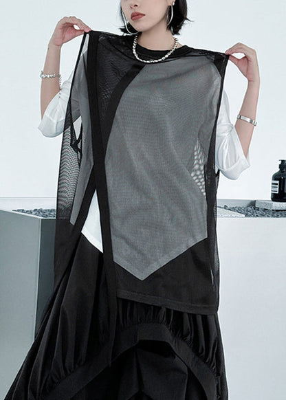 Stylish Black Asymmetrical Patchwork Loose Tulle Top Summer