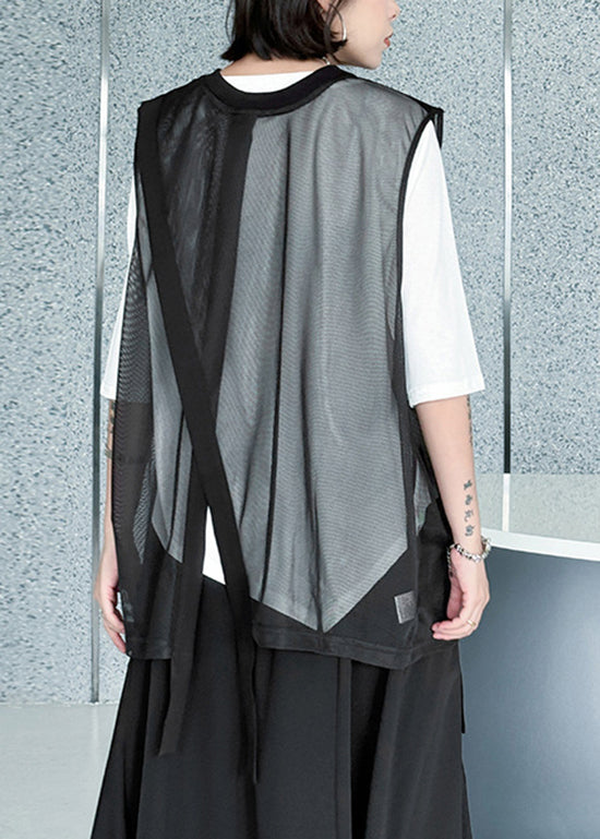 Stylish Black Asymmetrical Patchwork Loose Tulle Top Summer