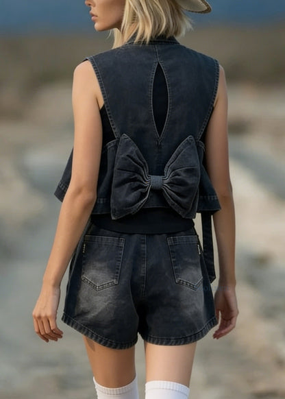 Stylish Black Bow Vest And Shorts Denim Two Pieces Set Summer