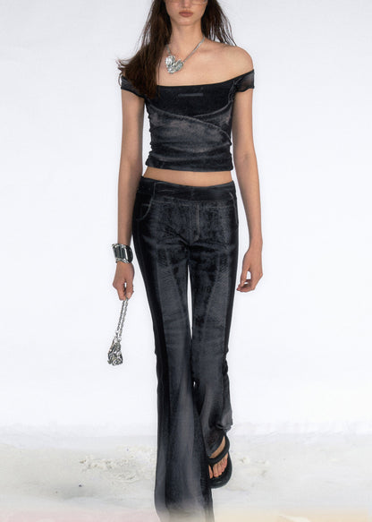 Stylish Black Ice Silk Vest And Flare Jeans Two Pieces Set Sleeveless