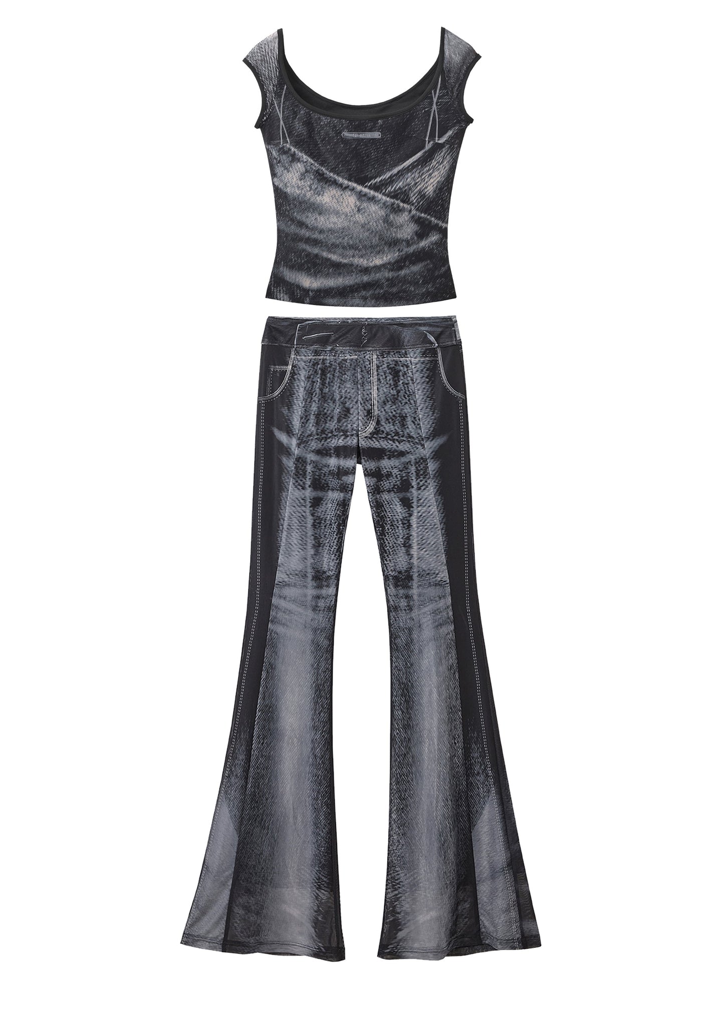 Stylish Black Ice Silk Vest And Flare Jeans Two Pieces Set Sleeveless