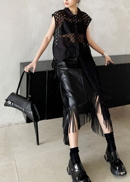 Stylish Black Peter Pan Collar Asymmetrical Hollow Out Cotton Shirts Summer