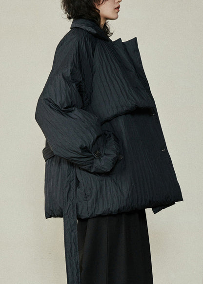 Stylish Black Peter Pan Collar Pockets Tie Waist Parka Winter
