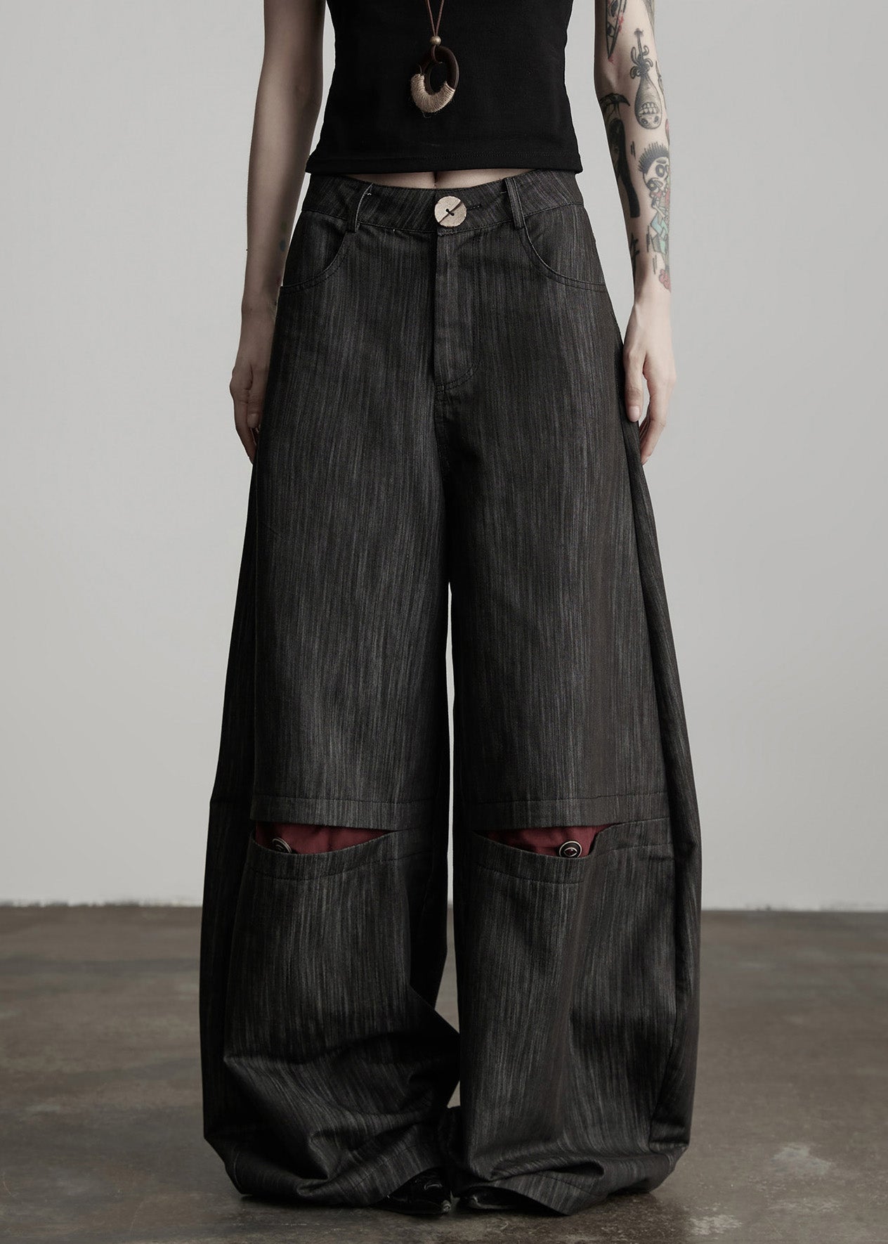 Stylish Black Pockets High Waist Cotton Wide Leg Pants Spring