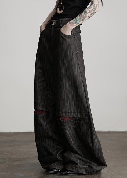 Stylish Black Pockets High Waist Cotton Wide Leg Pants Spring