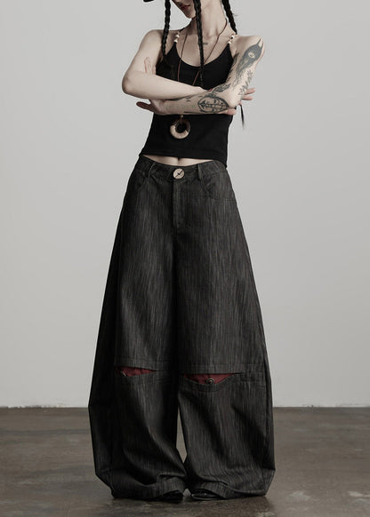 Stylish Black Pockets High Waist Cotton Wide Leg Pants Spring