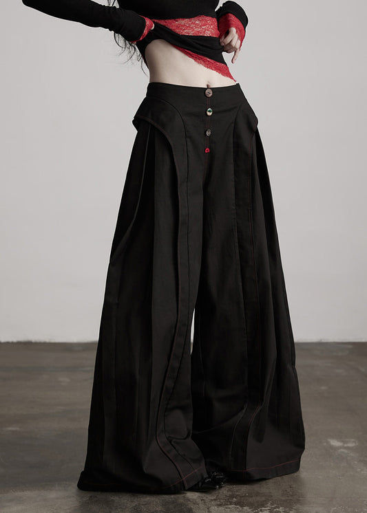 Stylish Black Pockets Wrinkled Patchwork Cotton Wide Leg Pants Spring