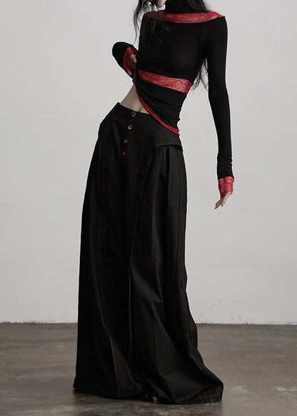 Stylish Black Pockets Wrinkled Patchwork Cotton Wide Leg Pants Spring