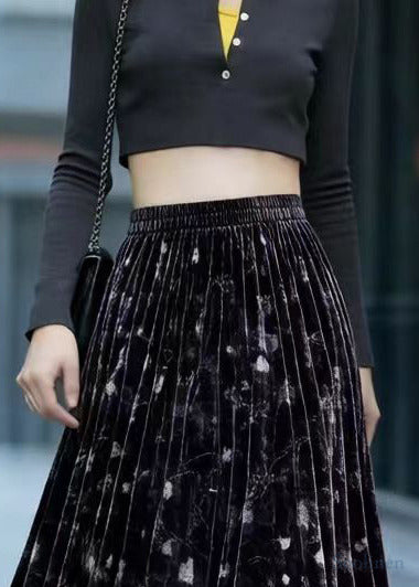 Stylish Black Print Exra Large Hem Silk Velvet Skirts Spring
