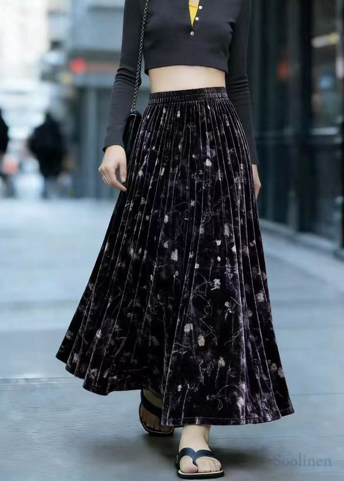 Stylish Black Print Exra Large Hem Silk Velvet Skirts Spring