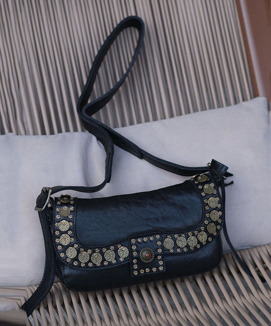 Stylish Black Rivet Durable Leather Versatile Hobo Bag