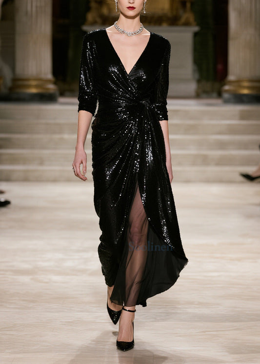 Stylish Black Sequins Patchwork Tulle Wraped Dresses Spring