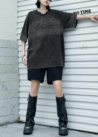 Stylish Black Tie Dye O Neck Print Cotton Top Summer