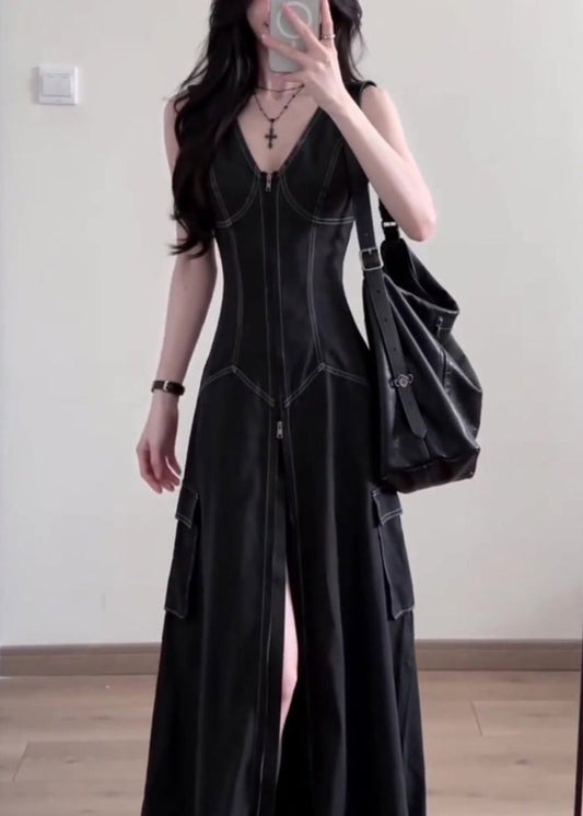 Stylish Black V Neck Side Open Denim A Line Dress Sleeveless