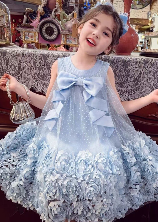 Stylish Blue Floral Big Bow Tulle Baby Girls Maxi Dress Summer