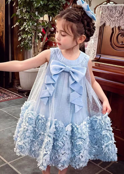 Stylish Blue Floral Big Bow Tulle Baby Girls Maxi Dress Summer