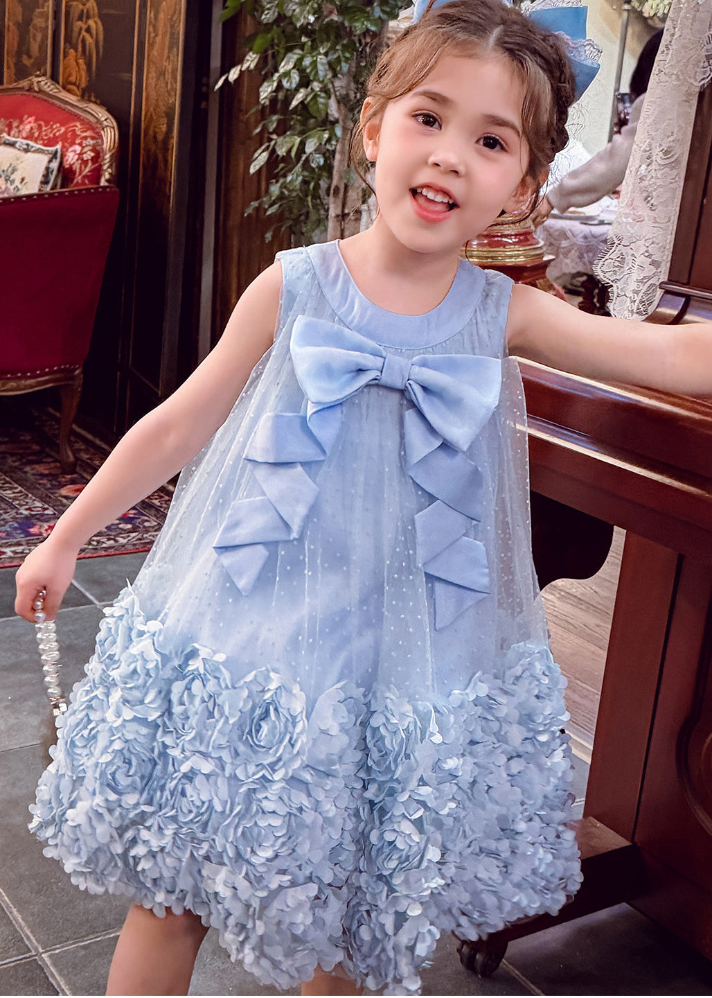 Stylish Blue Floral Big Bow Tulle Baby Girls Maxi Dress Summer