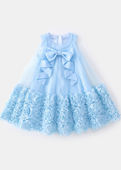 Stylish Blue Floral Big Bow Tulle Baby Girls Maxi Dress Summer