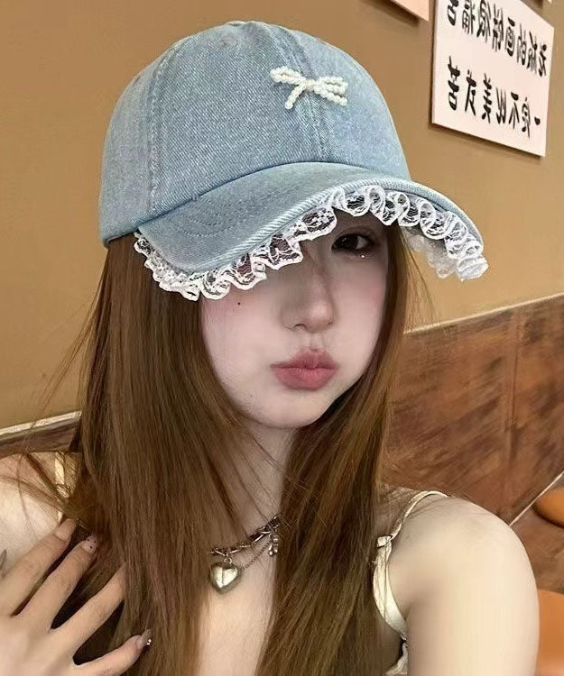 Stylish Blue Lace Patchwork Pearl Bow Baseball Cap Hat