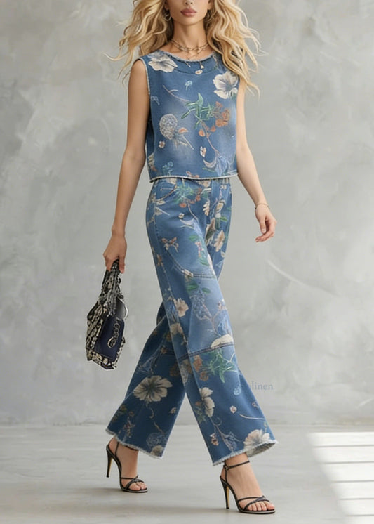 Stylish Blue O Neck Print Denim Two Pieces Set Summer