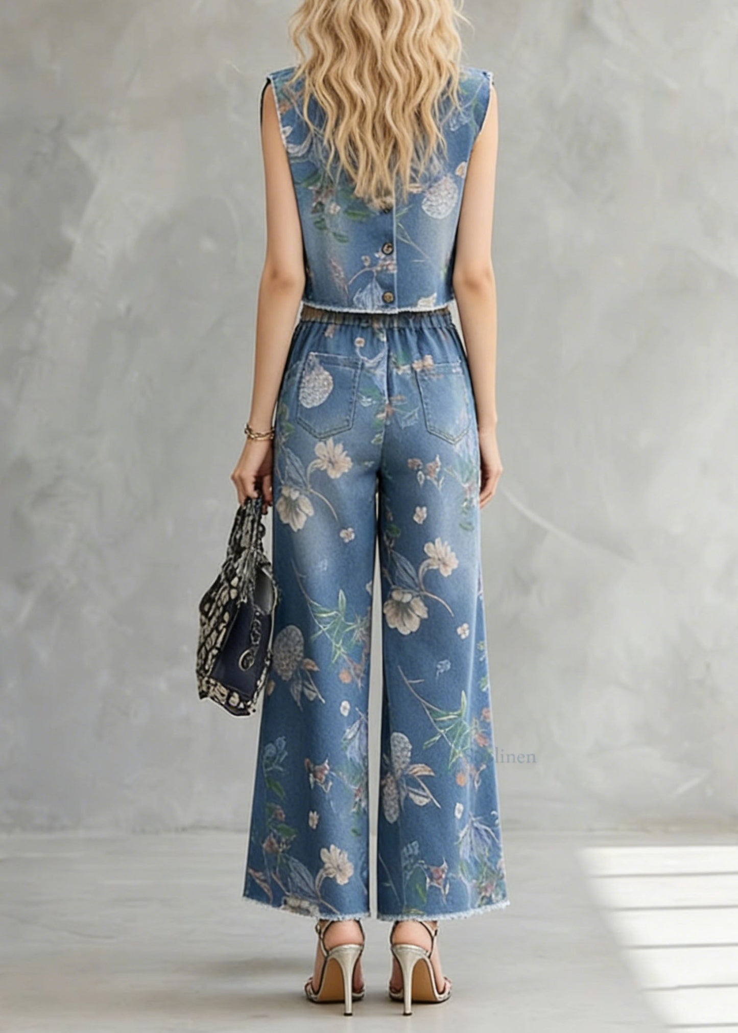 Stylish Blue O Neck Print Denim Two Pieces Set Summer
