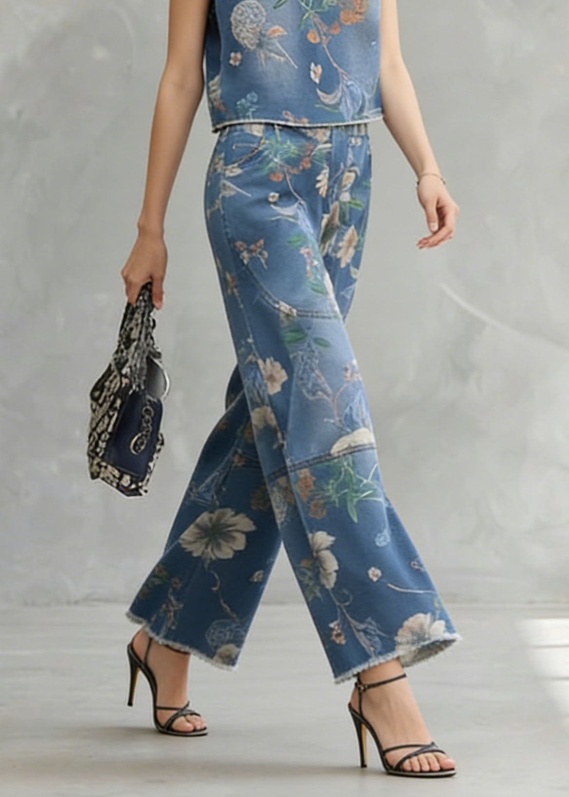 Stylish Blue O Neck Print Denim Two Pieces Set Summer