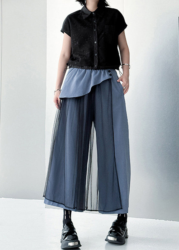 Stylish Blue Pockets Tulle Patchwork Cotton Pants Summer