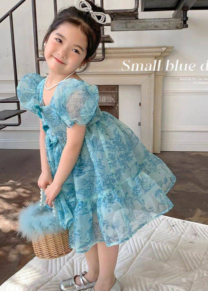 Stylish Blue Puff Sleeve Print Tulle Baby Girls Dresses Summer