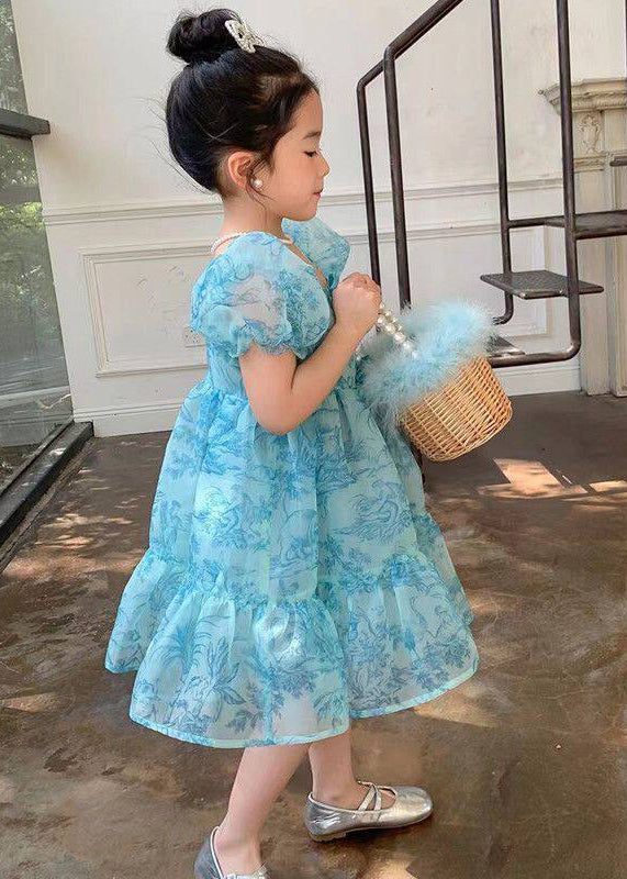 Stylish Blue Puff Sleeve Print Tulle Baby Girls Dresses Summer