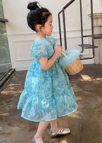 Stylish Blue Puff Sleeve Print Tulle Baby Girls Dresses Summer