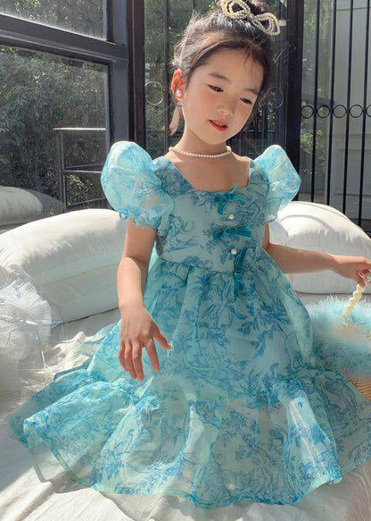 Stylish Blue Puff Sleeve Print Tulle Baby Girls Dresses Summer