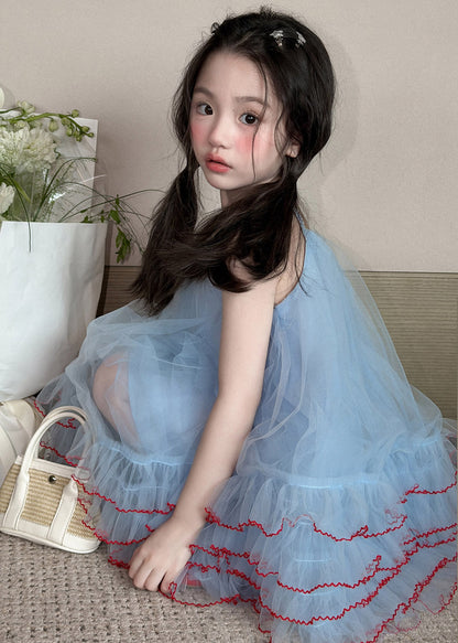 Stylish Blue Square Collar Tulle Kids Maxi Spaghetti Strap Dress Sleeveless