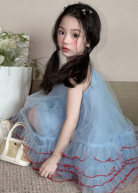 Stylish Blue Square Collar Tulle Kids Maxi Spaghetti Strap Dress Sleeveless