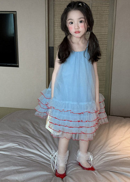 Stylish Blue Square Collar Tulle Kids Maxi Spaghetti Strap Dress Sleeveless