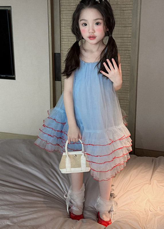 Stylish Blue Square Collar Tulle Kids Maxi Spaghetti Strap Dress Sleeveless