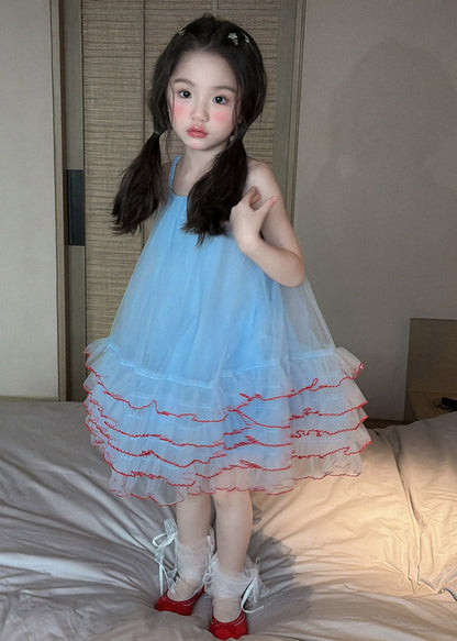 Stylish Blue Square Collar Tulle Kids Maxi Spaghetti Strap Dress Sleeveless
