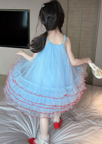 Stylish Blue Square Collar Tulle Kids Maxi Spaghetti Strap Dress Sleeveless