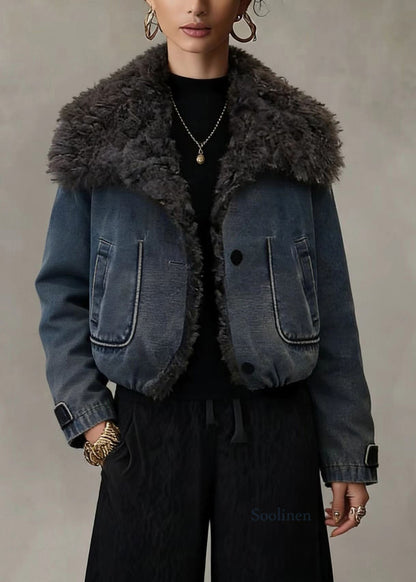 Stylish Blue Teddy Faux Fur Patchwork Fine Cotton Filled Jacket Winter