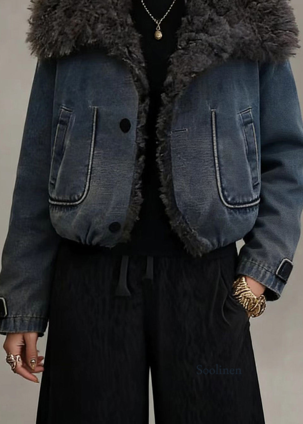 Stylish Blue Teddy Faux Fur Patchwork Fine Cotton Filled Jacket Winter