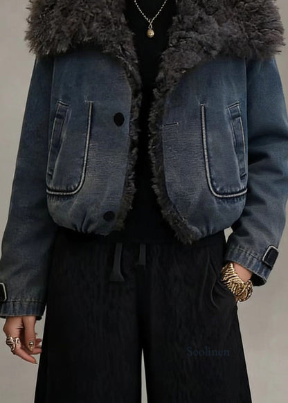 Stylish Blue Teddy Faux Fur Patchwork Fine Cotton Filled Jacket Winter